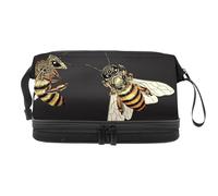 Bumble Bees Pattern on Black Background Double Layer Cosmetic Bag for Women and Girls, Travel Toiletry Bag Makeup Handy Pouch Organiser Bag with Brush Compartment
