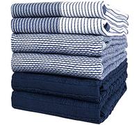Bumble Kitchen Hand Dish Tea Towels - Bulk Set of 6 - Luxe, Soft, Durable Ring Spun Cotton with 3 Different Textures - Extra Large 20" x 28" / 50 x 70 cm Size (Blue)