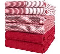 Bumble Kitchen Hand Dish Tea Towels - Bulk Set of 6 - Luxe, Soft, Durable Ring Spun Cotton with 3 Different Textures - Extra Large 20" x 28" / 50 x 70 cm Size (Red)