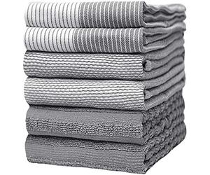 Bumble Kitchen Hand Dish Tea Towels - Bulk Set of 6 - Luxe, Soft, Durable Ring Spun Cotton with 3 Different Textures - Extra Large 20" x 28" / 50 x 70 cm In Size - Grey