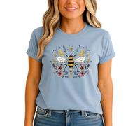 Bumblebee Floral Celestial Womens Graphic T-Shirt Nature Insect Whimsical Tee 2XL (22-24) Mineral Blue