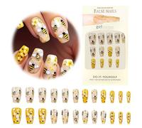 Bumblebee Floral Press-Ons - 3D Honeycomb Texture Medium 10mm Square,Non-Toxic ABS Reusable up to 3X, Spring Garden Party Nails, 12PCS Hypoallergenic Set