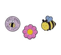 Bumblebee Themed Gift Set Collection Of 3 Pin Badges Including Don't Worry Bee Happy, Pink Flower, Happy Bumblebee