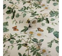 Bumblebee Trail Cream Wallpaper - Naturistic Flowers Petals Leaves Garden - Classic Stylish Feature Wall