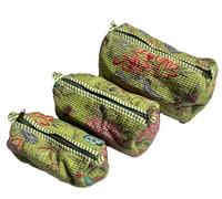 Bumbleberry Set of 3 Jaipur Textiles Multipurpose Quilted Pouches I Travel Organiser Kit I Pure Cotton I Waterproof Inner Linning | Hand-Block Printed I Light Green I Beautiful Floral Design Pattern