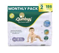 Bumbyy Leak-Proof Baby Nappies Size 2 - Ultra-Absorbent Soft & Thin Newborn Nappies for Sensitive Skin, 186 Baby Diapers | Hypoallergenic & Dermatologically Tested 12 hr Dry Nappy 4-8/kg/9-18lbs