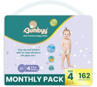 Bumbyy Leak-Proof Pull Ups Size 4 - Ultra-Absorbent Soft & Thin Baby Nappies for Sensitive Skin | 162 Baby Diapers | Hypoallergenic & Dermatologically Tested 12 hr Dry Nappy Pants (9-15kg/20-33lbs)