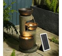 Bumilgar 50cm H 3-Tier Natural Solar Garden Water Feature with LED Lights - Small Bowl Cascading Water Fountain Outdoor for Garden, Patio, Deck, Porch, Home Art Decor, Brown