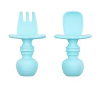Bumkins Chewtensils, 100% Silicone Baby- Led Weaning Cutlery - Fork and Spoon Pair, 6 Months+, Light Blue