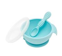 Bumkins First Feeding Set - Bowl With Suction Base, Lid, Spoon, Baby Led Weaning, BPA-Free, Microwave/Dishwasher/Freezer Safe, 100% Silicone, Light Blue