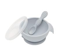 Bumkins First Feeding Set - Bowl With Suction Base, Lid, Spoon, Baby Led Weaning, BPA-Free, Microwave/Dishwasher/Freezer Safe, 100% Silicone, Grey