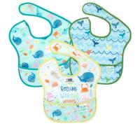 Bumkins SuperBib, Adjustable Hook & Loop Closure, Catch-All Pocket, Baby-Led Weaning, Waterproof, Machine Washable, Stain & Odour Resistant, BPA Free, 6-24 Months, 3-Pack, Rolling with Waves Design