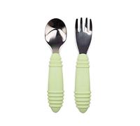Bumkins Toddler Utensils, Kids Fork and Spoon Set, Silicone and Stainless-Steel Silverware, Angled Forks/Sporks for Self-Feeding, Childrens Training Flatware Cutlery, Sage