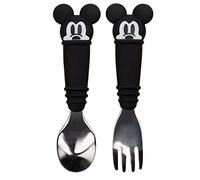 Bumkins Utensils, Disney Silicone and Stainless Steel Baby Fork and Spoon Set, Toddler Silverware, Self Feeding - Mickey Mouse