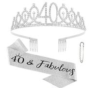 Bumlofa 40th Silver Birthday Crown Tiara & 40 & Fabulous Sash Set for Women Rhinestone Headband Accessory Tiara with Comb Silver Accessories for Birthday Party Decoration