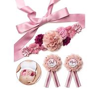 BumpPetal Flower Sash Set - Baby Shower Mom to Be Daddy to Be Corsage Pin - Flower Belt for Maternity Dress - Pregnancy Photo Props Supplies