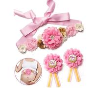 BumpPetal Flower Sash Set - Baby Shower Mom to Be Daddy to Be Corsage Pin - Flower Belt for Maternity Dress - Pregnancy Photo Props Supplies