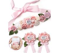 BumpPetal Flower Sash Set - Baby Shower Mom to Be Daddy to Be Corsage Pin - Flower Belt for Maternity Dress - Pregnancy Photo Props Supplies