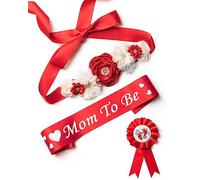 BumpPetal Flower Sash Set - Baby Shower Mom to Be Daddy to Be Corsage Pin - Flower Belt for Maternity Dress - Pregnancy Photo Props Supplies (Deep Red)