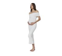 BUMPSUIT Off The Shoulder Maternity Dress for Pregnancy, Stretchy Fabric Foldover Neckline Ladies Long Maternity Maxi Dress, Ivory, XS