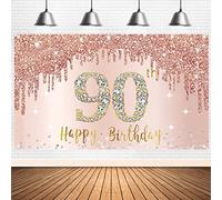 Bumqviy Happy 90th Birthday Banner Backdrop Decorations for Women, Rose Gold 90 Birthday Party Sign Supplies, Pink 90 Year Old Birthday Poster Background Photo Booth Props Decor