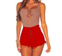 Bunanphy Women Shorts Summer Raw Hemline Buttons Denim Jean Shorts Red #A X-Large