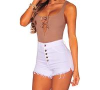 Bunanphy Women Shorts Summer Raw Hemline Buttons Denim Jean Shorts White #A Large
