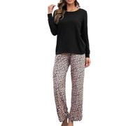 Bunanphy Womens Solid Pyjamas Sets Long Sleeve Tops & Pants Sleepwear Comfy Loose Lounge Wear for Ladies Girls Sport Yoga Jogging #A Leopard XX-Large