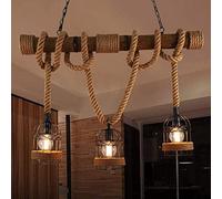 BUNCC Industrial Birdcage Island Light 3 Lights Pendant Light Lantern Style with Rope Cage Wooden Frame Vintage Decoration Chandelier Ceiling Hanging Light for Dining Room Cafe Bar Restaurant