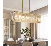 BUNCC Modern Rectangular Crystal Chandeliers Pendant Ceiling Light 4-Light Industrial Pendant Light Fixture Gold Vintage Crystal Glass Linear Farmhouse Hanging Lighting Fixture For Dining Room Kitche