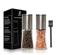 Bunchtou Salt and Pepper Grinder Set of 2 - Adjustable Sea Salt Grinder, Pepper Mill Grinder, Salt and Pepper Shakers - Small Salt and Pepper Grinder Set with Stainless Steel Cap and Glass Container