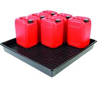 Bunded Drum Trays from The Lean Centre. 9 x 25L drum tray with container stand Drum tray for 9 x 25L drums with removable base grid. Stores up to 9 x 25L drums or several smaller containers.