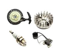 Bundle Deal - 4 items: Mini Moto 49cc Spares Kit - Short Black Easy Pull Start + Coil + Spark Plug + Fly Wheel