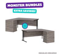 BUNDLE: Maestro 25 left hand AND right ergonomic desk - 1600mm each with black cantilever frame and desk high pedestals - grey oak