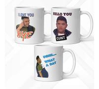 Bundle of 3 Harvey Price Funny Viral Meme Mugs, Including ughh What a Day Mug, Hello You c*nt Design and i Love You Good Bye Design