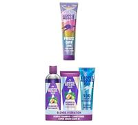 Bundle of Aussie Frizz Off 24H Ease Leave-In Serum 160ml, Moisturises + Aussie SOS Blonde & Hydrate Set: Purple Shampoo 300ml, Conditioner 200ml and Super Serum All In One Leave In Treatment 160ml