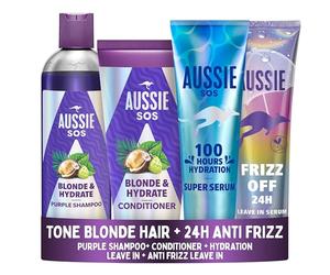 Bundle of Aussie Frizz Off 24H Ease Leave-In Serum 160ml, Moisturises + Aussie SOS Blonde & Hydrate Set: Purple Shampoo 300ml, Conditioner 200ml and Super Serum All In One Leave In Treatment 160ml