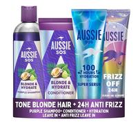 Bundle of Aussie Frizz Off 24H Ease Leave-in Serum 160ml, Moisturises + SOS Blonde & Hydrate Set: Purple Shampoo 300ml, Conditioner 200ml and Super Serum All in One Leave in Treatment 160ml