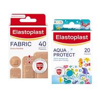 Bundle of Elastoplast Extra Flexible Fabric Plaster Strips (40 Pieces) + Elastoplast Aqua Protect Kids Plasters (20 Pieces), Wound Protection Duo, Water-Repellent