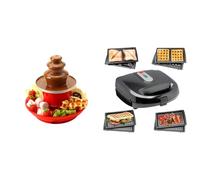Bundle of Global Gourmet Chocolate Fountain 3 Tier Fondue with Party Serving Tray + Multi Functional 3 in 1 Waffle Iron, Deep Fill Sandwich Toaster, Panini Press or Grill Snack Maker Non Stick