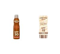 Bundle of Hawaiian Tropic Glowing Protection Sunscreen Dry Oil Spray Mist, SPF 30 UVA plus UVB Protection 180 ml + Hydrating Protection Sunscreen Lotion, SPF 15 UVA + UVB Protection Suncream 180 ml