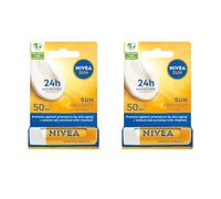Bundle of NIVEA SUN Protect Caring Lip Balm SPF 50 (2 x 4.8g), Factor 50 Balm with Shea Butter, Protection Against UVA/UVB Rays with 24H Moisture, Lip Care, No White Cast