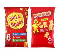 Bundle of Pom Bear Original Multipack Crisps, Pack of 6 • Bear-Shaped Potato Snacks • Original Flavour+ Hula Hoops - VARIETY Multipack 6 x 24g Bags - Crunchy Potato Rings - Suitable for Vegans
