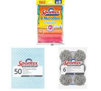Bundle of SPONTEX - Multi-purpose Microfibers - 8 Microfibers + Spontex Specialist All Purpose Cleaning Cloths, Blue (Pack of 50) + Spontex Specialist Stainless Steel Scourers (Pack of 6)