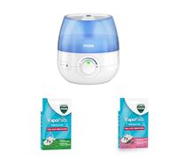 Bundle of Vicks Mini Cool Mist ultrasonic humidifier - VUL525 + VapoPads Rosemary & Lavender VBR7 + Vicks VapoPads Menthol VH7