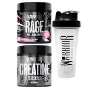 Bundle Warrior Rage Pre-Workout 392g + Creatine Monohydrate Powder 300g + Shaker 600ml - Improve Physical Performance and Recovery (Brutal Bubblegum)