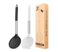 BUNDLEPRO Kitchen Ladle Strainer Set of 2 Large Slotted Spoon with High Heat Resistant BPA Free Non Stick Cooking Skimmers For Draining & Frying (Black-White), FB-103-BW