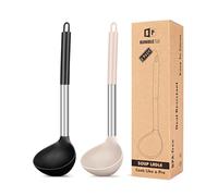 BUNDLEPRO Pack of 2 Ladle Spoon,Silicone Large Spoon for Soup,Non Stick Kitchen Utensils with High Heat Resistant,BPA Free Perfect Kitchen Tools for Cooking, Stirring,Serving Soups (Black-Khaki)