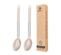 BUNDLEPRO Pack of 2 Large Silicone Cooking Spoons, Non Stick Solid Basting Spoon, Heat-Resistant Kitchen Utensils for Mixing, Serving, Draining, Stirring (STAINLESS STEEL KHAKI) (FB-112-KHAKI)