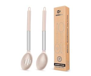 BUNDLEPRO Pack of 2 Large Silicone Cooking Spoons, Non Stick Solid Basting Spoon, Heat-Resistant Kitchen Utensils for Mixing, Serving, Draining, Stirring (STAINLESS STEEL KHAKI) (FB-112-KHAKI)